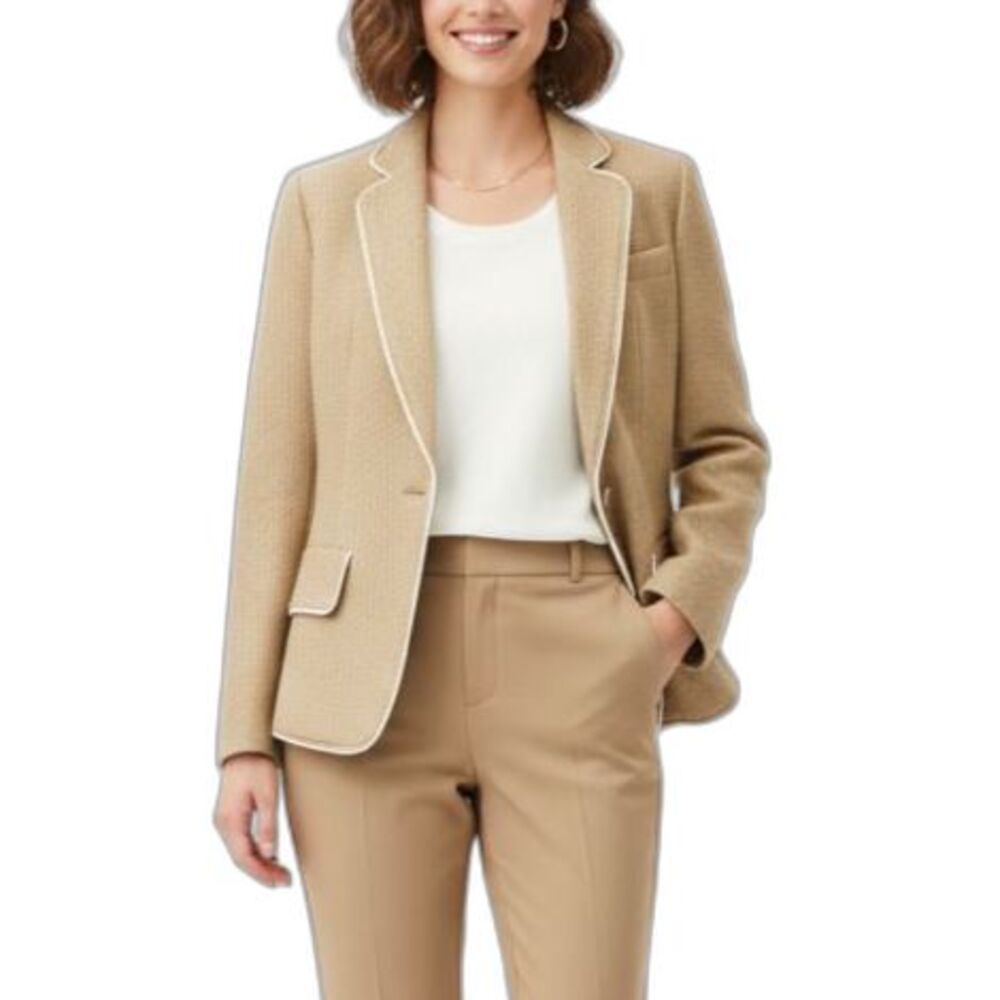 Club Monaco Women's Tan Ivory Trim Wool Blend Blazer Jacket Size S